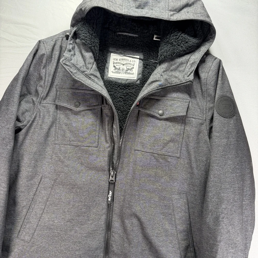 Levis Jacket Mens Large Gray Full Zip Sherpa Lined Fleece Pockets Hooded